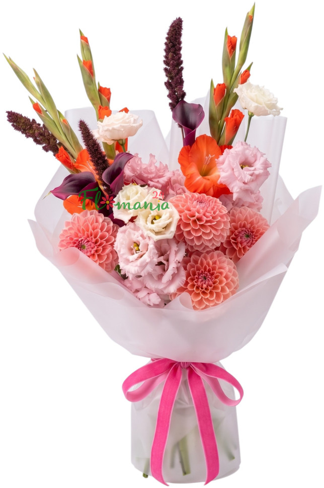 Букет с георгинами, гладиолусами и каллами «Медовый микс»